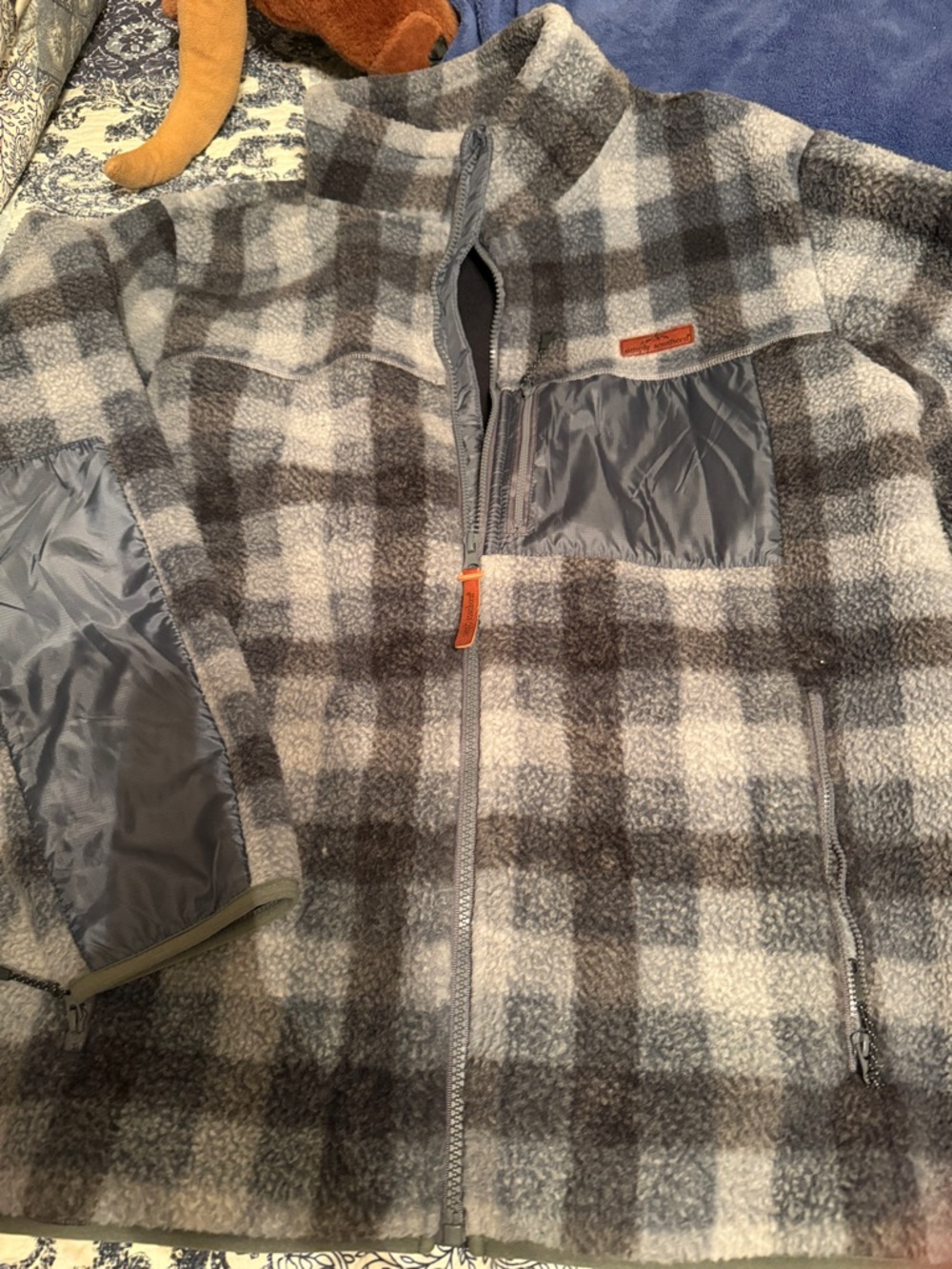 Men's Grey Plaid Fleece Jacket with Chest Pocket